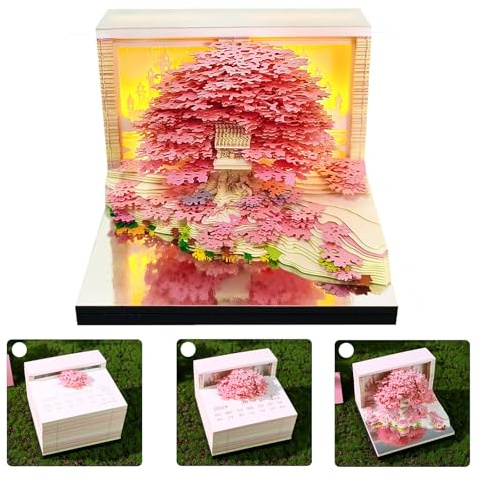 3D Kalender 2026 Abreißen, 3D-Notizblock Tischkalender-Notizblock mit Licht, 3D Baumhaus Wochenkalender, Kreative 3D Papierskulptur mit Glasklarem Anzeigebox, DIY Desktop OrnamentGeschenk (Rosa)