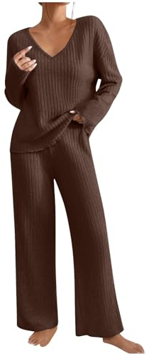 Set da 2 Pezzi da Donna a Maniche Lunghe Pullover Top Elastico in Vita Coulisse Gamba Pantaloni Lounge Set Tuta Sportiva Autunnale Invernale Casual Allentato Activewear Tinta Unita Tuta da Notte