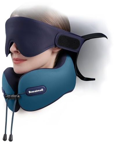 Bonairest Oreiller de Voyage Avion avec Masque 3D et Sangle de Maintien | Coussin Avion pour Vols Longs et Voyages sur la Route, Support 360° de tête, du cou et menton, Accessoire Voyage, Aqua/Violet