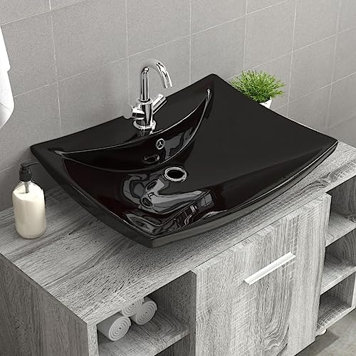 Lavabo Salle de Bain,Lavabo rectangulaire en céramique noir de luxe avec trop-plein et trou,Meuble Lave Main Wc pour Cuisine
