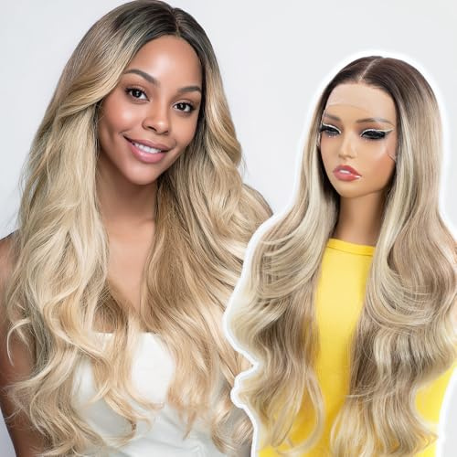 DÉBUT 13x6 Lace Frontal Perücke Long Body Wave Ombré-Blonde Perücken für Frauen, Transparente Schweizer Spitze, Hitzebeständiges Synthetikhaar, Glueless Wellenperücken（66 cm, NATHL8/T12Q/22D/22D）