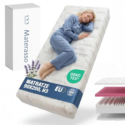 MATERASSO Matratze Antibacterial Pure 90x200 H3 mittelfest | 7-Zonen Schaummatratze 18 cm hoch | PUR-Schaumkern | Lavender Swiss Bezug | bis 130 kg | Für Lattenrost geeignet | Made in EU