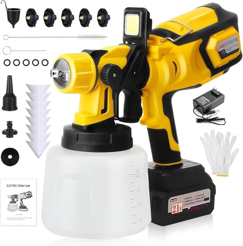 Pistola per Verniciare, 4000mAh Verniciatore a Spruzzo a Batteria per Verniciare 850W HVLP con Contenitore 1400ml, 5 Ugelli, Luce LED