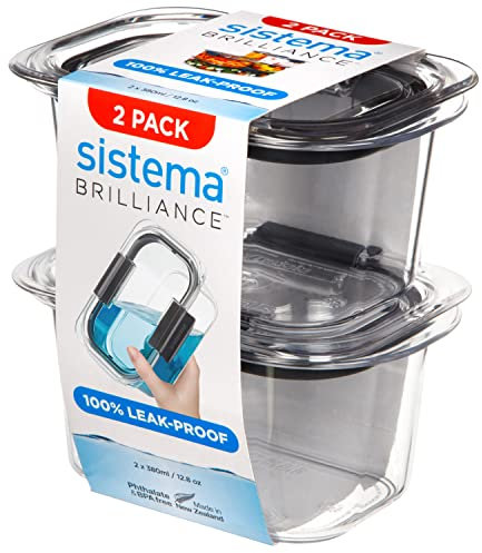 Sistema Brilliance Leakproof Food Storage Container, Stain and Odour Resistant, Microwave Steam Vents, 380 ml, BPA-Free, Black Clips, Clear/Grey, 2 Count (Pack of 1)