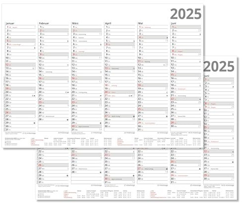 5er Pack Tafelkalender 2026 Halbjahreskalender 6 Monate auf Vor- und Rückseite DIN A4 Format 21 x 29,7 cm stabile Ausführung 250 g/m² Sonn- und Feiertage in Rot
