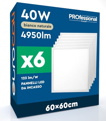 6 Pannelli LED Quadrati 60x60 40W da Incasso con Driver Starsense 4950 lumen - Luce Bianca Naturale 4000K - Alta Luminosità Plafoniera Ufficio 123 lm/W Lampada da Soffitto per Controsoffitti Modulari