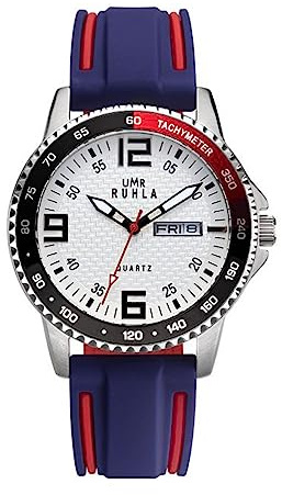 UMR RUHLA Armbanduhr, Quarz, analog, Silikonarmband, Edelstahlgehäuse, wasserdicht bis 10 bar, Farbe:Blau/Weiß