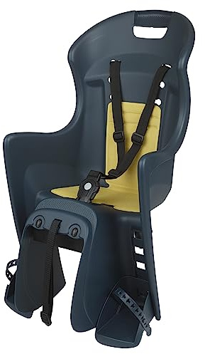 DIEFFE 8630500035 - Seggiolino Posteriore Bikey Cool ELM per Bicicletta con Ruote da 26'' a 29'' Adatto a bambini da 9 a 22 Kg con facile ancoraggio al portapacchi a colori Blu Denin/Giallo