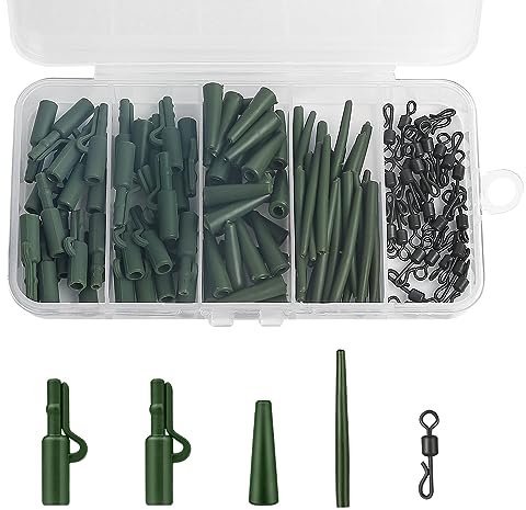 Realure 120 Stück Karpfen Zubehör Set Komplett Profi mit Sicherheits Clips Anti Tangle Ärmel Tail Gummi Rohre Schnell Wechselwirbel Clips zum Karpfenangeln Leadclip für Karpfenanfänger (Grün)