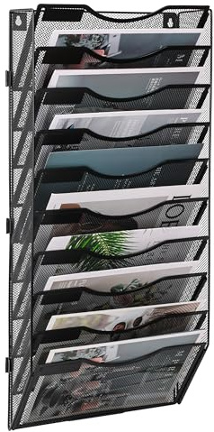 TQVAI 10-nivåers väggfilorganiserare, väggbrevhållare, väggmonterad tidningsställ, nät A4 pappersförvaring, kontor dokumentorganisatör, svart
