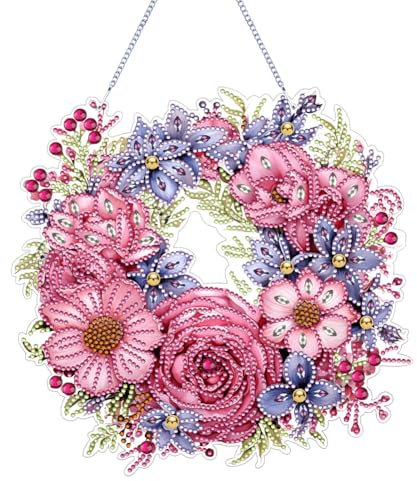 Demiawaking 5D DIY Diamond Painting Girlande Kranz Set, Diamant Painting Anhänger Schmetterling Blumen Kits mit Kette, Diamant Malerei Türkranz Tür Fenster Deko (G)
