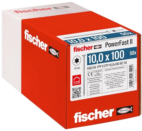 fischer - Vis de charpente PowerFast FPF II CTP 10,0x100 revêtement zingué, Filetage partiel, tête fraisée avec Empreinte Torx/Boîte de 50
