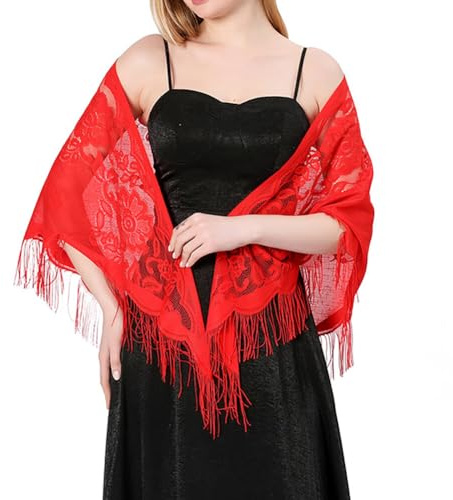 Asudaro Damen Festlich Elegante Tücher Schultertuch Stola Fransen Abendschal Brautschal Dreiecks Mesh Floral Spitze Abend Party Hochzeitsschal für Abendkleid Hochzeit Braut Sommer Jacke Rot