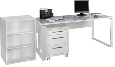 Composad | Bureau, Commode et Bibliothèque Basse avec 2 étagères de la Ligne Dessin, Lot de 3 Meubles de Bureau, Bureau Moderne, Couleur Blanc laqué, fabriqué en Italie