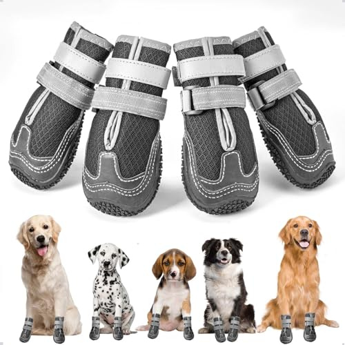 Hundeschuhe mit atmungsaktivem Netz, Anti-Rutsch Hundestiefel mit reflektierenden Riemen, verschleißfeste Gummisohle Hundeschuhe Pfotenschutz fürkleine, mittlere und große Hunde 4 Stück(S, Schwarz)