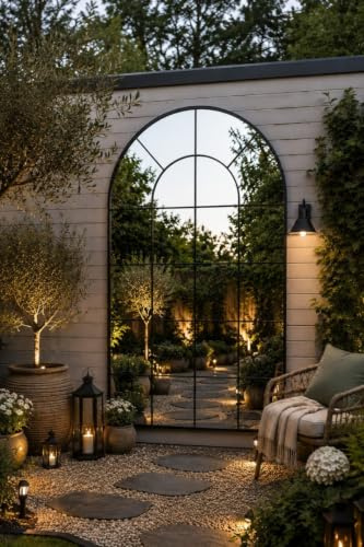 The Arcus - Black Framed Arched Window Garden Mirror 75 X 47 190 x 120CM. Suitable for Outside and Inside!