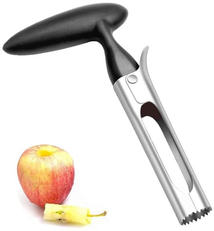 Descorazonador de manzanas, descorazonador de manzanas o peras de acero inoxidable, herramienta para quitar núcleos para el hogar y la cocina con mango en ángulo de hoja dentada, 1 pieza (negro)