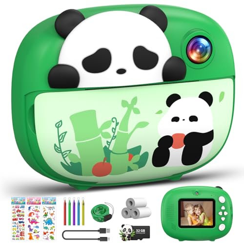 Ushining Appareil Photo Instantané Enfant, 2,4 Pouces 1080P Appareils Photo Numérique Enfants avec Carte 32G et Papier d’impression,Selfie Vidéo Caméra Jouets Cadeau pour Garçons Filles 3-12 Ans, Vert