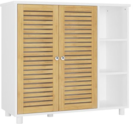 FORABAMB Badezimmerschrank, Unterschrank Badkommode, Badschrank mit Doppeltüren aus Bambus, 3 offene Fächer, Freistehender Beistellschrank für Badezimmer, Wohnzimmer und Küche, 77 x 30 x 80 cm