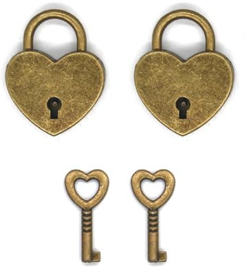 QLEUIFT 2 PCS Lucchetto Decorativo Vintage con Chiave a Forma di Cuore, Utilizzato per Piccole scatole e Libri Classici, 3,9 x 3 x 0,7 cm, Bronzo