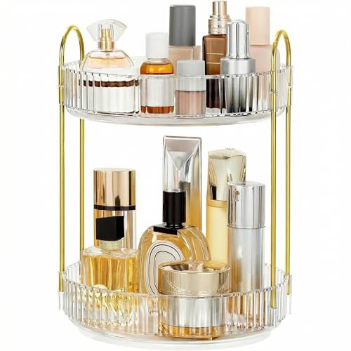 Cnwinu Make Up Organizer Drehbar,Schminktisch Organizer Rund,badezimmer organizer,Parfüm Regal,Beauty Organizer,Kosmetik Organizer für Kosmetik Skincare Parfum (2 Schichten Klar)