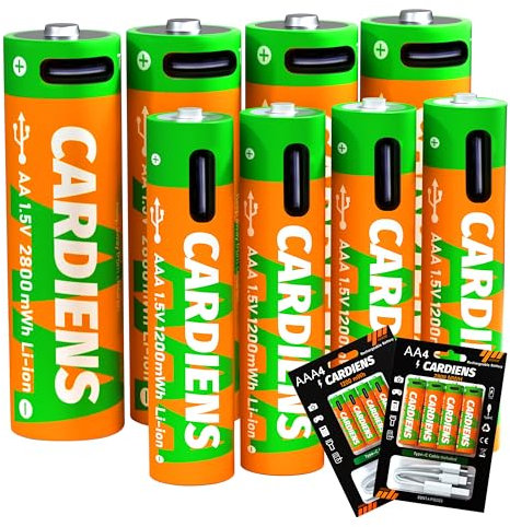 CARDIENS AA and AAA Batteries Combo Pack USB Rechargeable Battery Lithium Double A and Triple A Batteries 1.5v with 4-in-1 USB-C Charging Cable and LED Charge Indicator, 8-Pack