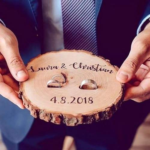 Rustikaler Ringhalter aus Holz, personalisierbar, Baumstumpf-Ringträgerkissen für Hochzeit, individuelle Ringbox, Ringkissen, Ringbox-Alternative für Braut und Bräutigam