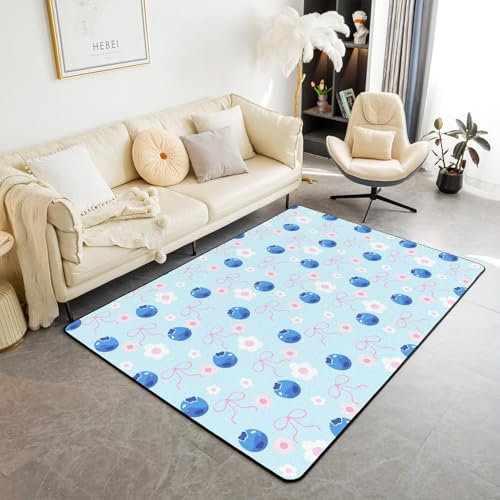 Homewish Blueberry Bow Tapis Salon 150x200 Enfants Adolescents Adultes Délicieux Fruits D'Été Tapis de Salon Rose Mignon Bow Tapis Chambre Fantasy Cartoon Daisy Tapis Sol pour de Chambre de Salon