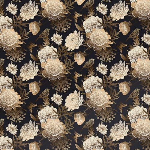Decotalk Papier Peint Vintage Fleurs De Pivoine Noir Et Or 44.5x300cm Papier Adhesif Pour Meuble Noir Rouleau Adhésif Décoratif Covering Meuble Cuisine Lavable Rouleau Adhesif Pour Mural Salon Armoire