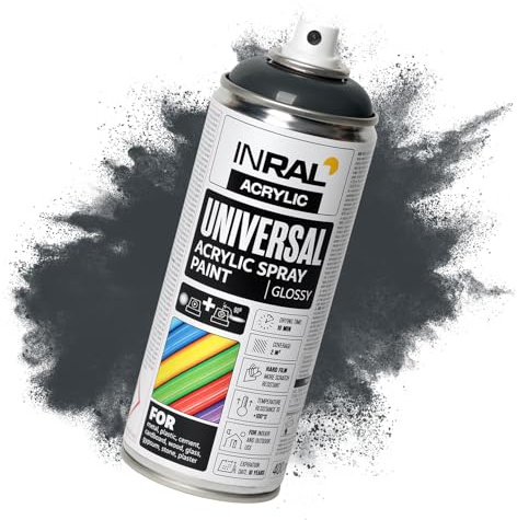 INRAL Peinture Acrylique Grise anthracite en Spray – Bombe de Peinture Grise anthracite brillante (RAL7016) de 400 ml pour Métal, Plastique, Bois – Couvrante, Résiste à la Pluie et aux UV
