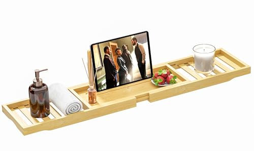 Vassoio da bagno di alta qualità, espandibile, in legno di bambù, per tutta la vasca da bagno