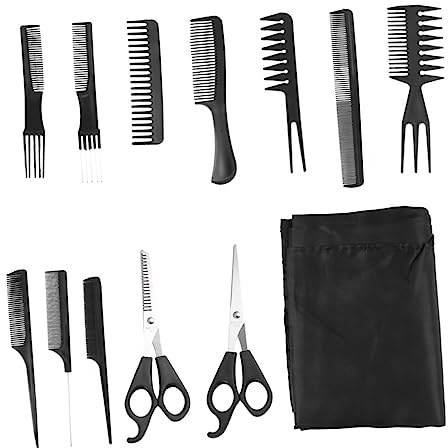 Haarschneidewerkzeug 13 Stück für Herren, Kunststoff, Schwarz | Kamm, Bürste, Schere, Schneidekamm, Schürze, Wischtuch, Leicht und Tragbar, für Salon und Zuhause
