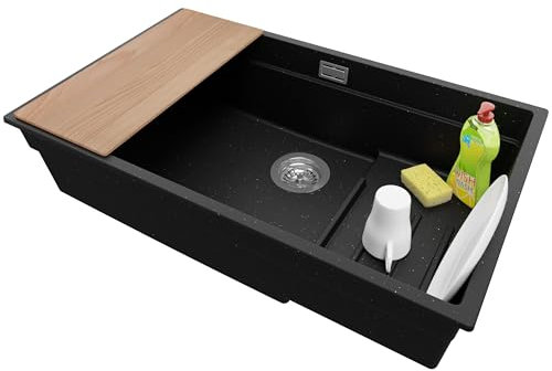 PRIMAGRAN Lavello da Cucina Nero Metallico 76x47cm, Lavandino in Granito a 1 vasca + Set di accessori, Lavabo Incasso al mobile 80cm - Prague Slim S360
