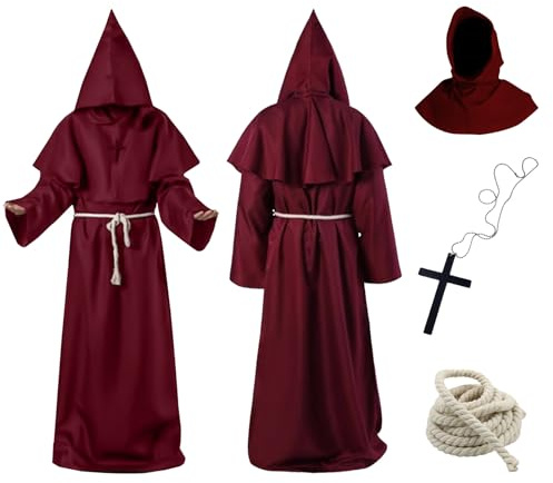 Aitsite Costume da Monaco, Sacerdote Accappatoio Frate, Veste Medievale con Cappuccio, Croce e Corda, Costumi Monaco per Carnevale Halloween Cosplay Feste.(Rosso-M)