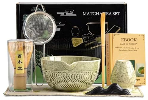 Matcha Kit Revalinx 7pcs- Ensemble à matcha Complet - Fouet à matcha, Bol à matcha, cuillère, support Fouet, Tamis, Serviette-Service à thé Japonais- Coffret Cadeau avec Ebook offert.