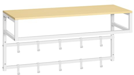 eSituro Appendiabiti da Parete con Mensola, Attaccapanni da Muro con 10 Ganci, Portachiavi da Parete, Appendi Cappelli, per Ingresso, Corridoio, 80x30x41cm, Bianco + Rovere Chiaro