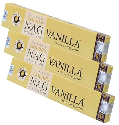 NKlaus 3 varillas de incienso Golden Nag vainilla, 45 g, incienso enrollado a mano con aroma natural de vainilla, 3 unidades de calidad Masala para la calma, la atención plena y la relajación