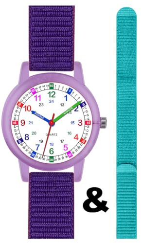 Brecjon Kinder Armbanduhr Mädchen Lernuhr Einschulung analog Quarz Wechsel Klett Armband Nylon Varianten rosa violett türkis