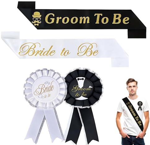 Schärpen Set Hochzeit 4 Stück – Braut Bräutigam Schulterbänder & Abzeichen, Weiß Gold, 160x9,5cm – Perfekte Party Deko für Junggesellenabschied, Hochzeitsfeier & Brautparty