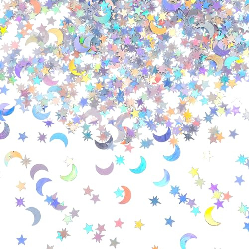 Tyqour 6000 PCS Star Confetti Glitter Moon Confetti Paper Holographic Metallic Paper for Party Decorations, Wedding, Birthday, Halloween, Christmas Decoration, 45g