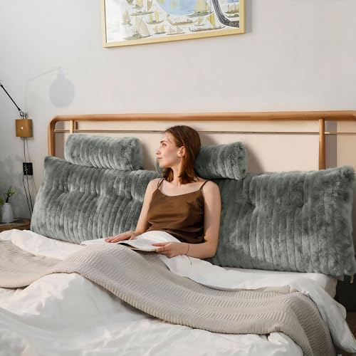 Wellty Care Luxury Faux Fur Headboard Pillow Twin Size - Large Triangular Wedge Cushion for Bed & Sofa, Fluffy Reading Backrest Bolster with Detachable Neck Roll, Washable Cover & Side Pocket, Ivory