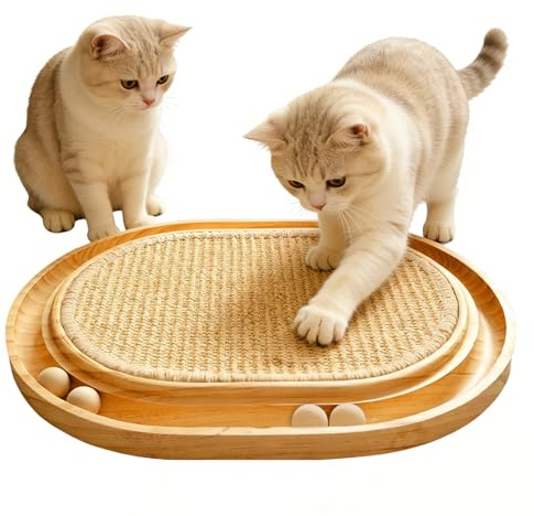 Tmefoy Sisal Kratzbrett, 2 in 1 Katzen Spielzeug, Massives Kiefernholz & Natürliche Sisal Pad, 43x33x3cm Kratzmatte für alle Katzen Spielen, Entspannen