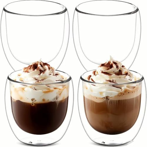 Double Walled Insulated Glass Cups, 4x250ml Espresso Coffee Cups Cappuccino Mugs,Wall Thermo Insulated Latte Cup, Clear Glasses Mugs for Latte,Hot Drinks Tea Milk Juice Ice Cream