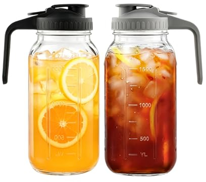 Hniuyun Milk Pitcher Jug, 64oz Airtight Glass Wide Mouth Mason Jar with Pour Spout Lid for Iced Tea, Cold Brew Coffee, Juice Storage Container (Black&Gray)