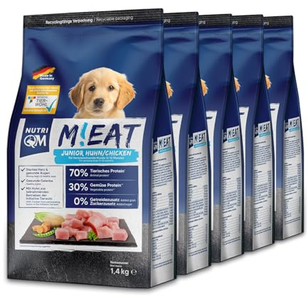 NutriQM® M!EAT Welpen Trockenfutter | Getreidefrei | 7 kg (5×1,4 kg) | Welpenfutter trocken mit Fischöl & Hühnerfleisch | Junior Trockenfutter Hund ohne Zucker & Zusatzstoffe | Made in Germany
