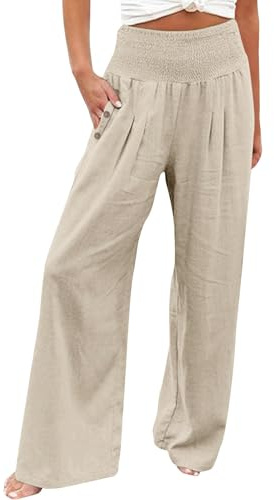 Generisch Pantalones de lino para mujer, pantalones de verano, pantalones de tela, longitud 3/4, cintura alta, sueltos, ligeros, holgados, pantalones de playa Boho A199
