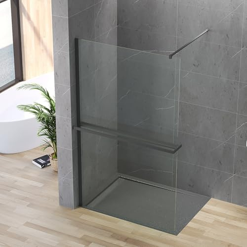 AQUALAVOS Walk-in Dusche Schwarz 90x200 cm Duschwand Glas mit Handtuchhalter Duschablage 8 mm ESG Sicherheitsglas klar NANO-Beschichtung barrierefrei matt schwarz
