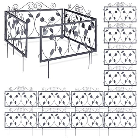 Relaxdays 16 x Beetzaun Metall, Beeteinfassung zum Stecken, Vintage Zaunelemente mit Blättern, HxB 34,5 x 56,5 cm, schwarz