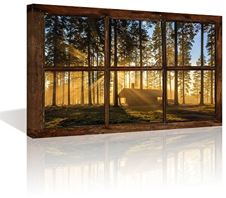 Kolo Wall Art Large Retro Vintage Fake Window Frame Sunshine Forest Painting Prints Framed and Stretched Picture Artwork for Living Room(Not Real Window Wooden Frame, Only Print on Canvas)