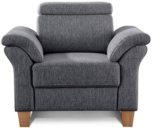 Cavadore Sessel Ammerland inkl. Federkern und Kopfteilverstellung / Großer Polstersessel im Landhausstil / Passend zur Sofagarnitur Ammerland / 101 x 84 x 93 / Strukturstoff grau